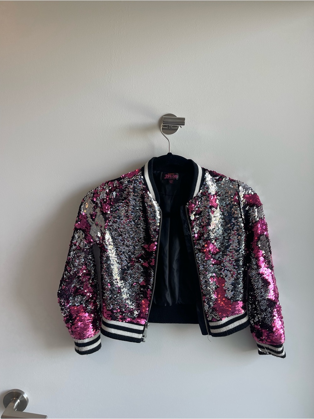 Jojos Closet Sequined Bomber Jacket in Silver & Magenta